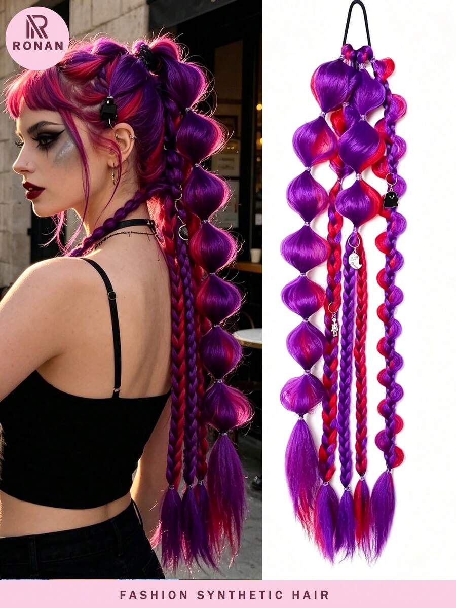 1pc 24inch Multi Colored Bubble Braided Ponytail Wig, Cool Girl Hand Braided Hair