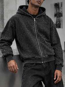 Hemo Men's Autumn/Winter Street Style Graphic Hoodie, Slightly Elastic Washed Distressed Cotton Black Long Sleeve Zip-Up Sweatshirt, Outdoor Casual Everyday Wear, Emo Style, 2000s Style - Black - View 3