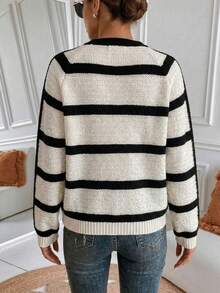 Women's Casual Striped Knit Crew Neck Long Sleeve Sweater, Versatile Fashion Knitwear For Spring & Autumn - Black and White - View 3