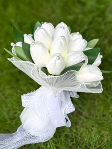 White Pearl Tulip Bridal Bouquet(8.66inch)With Pearl Decoration, Lace Bow Artificial Flower For Wedding Party Prom Gift - Multicolor - View 12