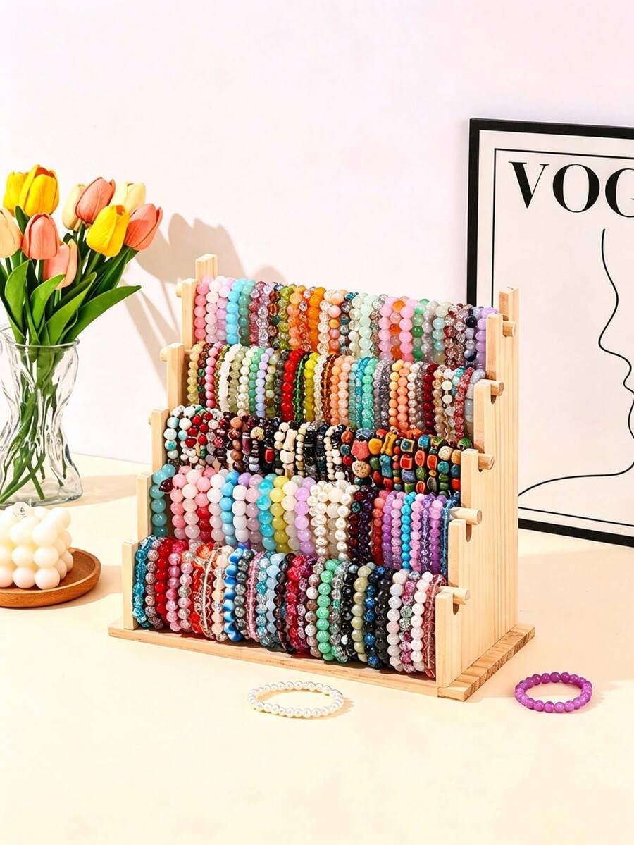 Wooden Multi-Layer Jewelry Storage Rack, Bracelet & Hair Tie Display Stand, Market Stall Bracelet & Bead Display Holder, INS Style Desktop Necklace Hanging Rack, Vanity Jewelry Display Prop