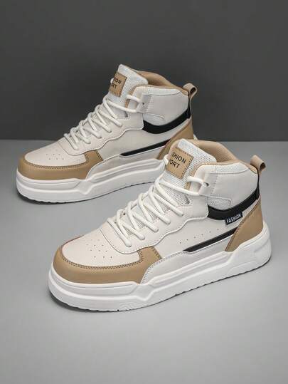 Men's Vintage Minimalist Beige & Apricot Colorblock Mesh Patchwork High-Top Lace-Up Casual Sneakers, Preppy Style Daily Versatile Fashion Thick Sole Height-Increasing Couple Shoes