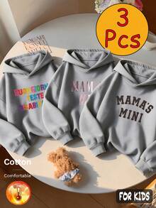 Autumn/Winter 3 Pieces Set Girls Thermal Lined Hooded Sweatshirt, "MAMA'S MINI" Print, Long Sleeve Warm Y2K Style - Heather Gray+Heather Gray+Heather Gray - View 2