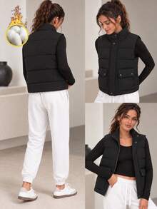 Women's Black Padded Vest Stand Collar Sleeveless Casual Vest With Snap Front And Flap Pockets For Everyday Wear - Black - View 5