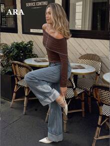 ARA CHIC 3-Way Wear Long Sleeve Top, Women's Contrast Stitching Ruched Fitted Cropped T-Shirt, Multi-Wear Off-Shoulder Ruffled Collar Y2K Top, Casual Street Date Top - Brown - View 2