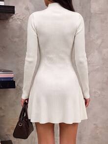 Unadoll Women's White Ribbed Knit Mini Dress, Elegant Small Stand Collar Long Sleeve Flared Hem Sweater Dress, Suitable For Date Night And Back To School Season - Apricot - View 3