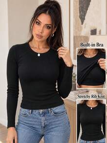 ChicMe Atasan Dalaman Rajut Bergaris Leher Bulat dengan Bra Terintegrasi untuk Wanita, Pakaian Kasual Elastis Lembut - Hitam - View 3