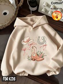 Autumn/Winter 3 Pieces Set For Girls: Fleece Hooded Sweatshirt With Denim Boots, Decorated With Horseshoe, Bow, Flower, Cow Print, Y2K Style - Apricot + Apricot + Apricot - View 3