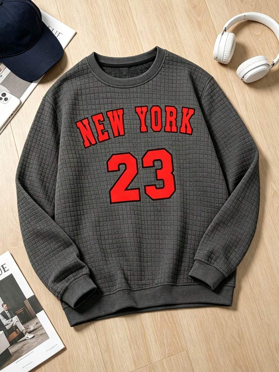 Men's Sports Long Sleeve Sweatshirt, Autumn Outdoor Letter Graphic Crew Neck Loose Fit Athletic Sweatshirt - Dark Grey - View 1