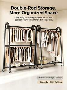 Double Rod Clothes Rack With Wheels, Large-Capacity Freestanding Garment Rack,Space Saving Heavy Duty Metal Clothing Rail, Bottom Storage Shelf, Rolling Clothes Hanger Stand For Bedroom, Laundry Room, Apartment, 2 Styles & 2 Colours Available - View 6