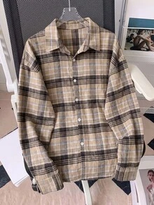 Women's Vintage Plaid Long Sleeve Button-Up Shirt, Street Style Casual Daily Commute Fashion Versatile Outfit, Suitable For Autumn/Winter - Khaki - View 5