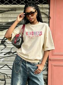 Women's New Casual Cute Pattern Loose Versatile Round Neck Short Sleeve T-Shirt, Fashionable Everyday Top, Suitable For Daily And Holiday Wear Summer - Apricot - View 3
