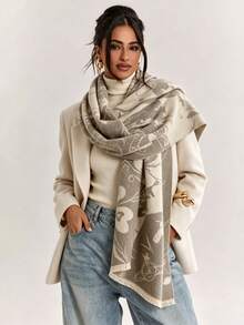 1PcAbstract Graffiti Print Faux Cashmere Scarf, Warm Fringe Large Shawl Wrap, Versatile Outdoor Travel Blanket Scarf For Women - Olive Green - View 2
