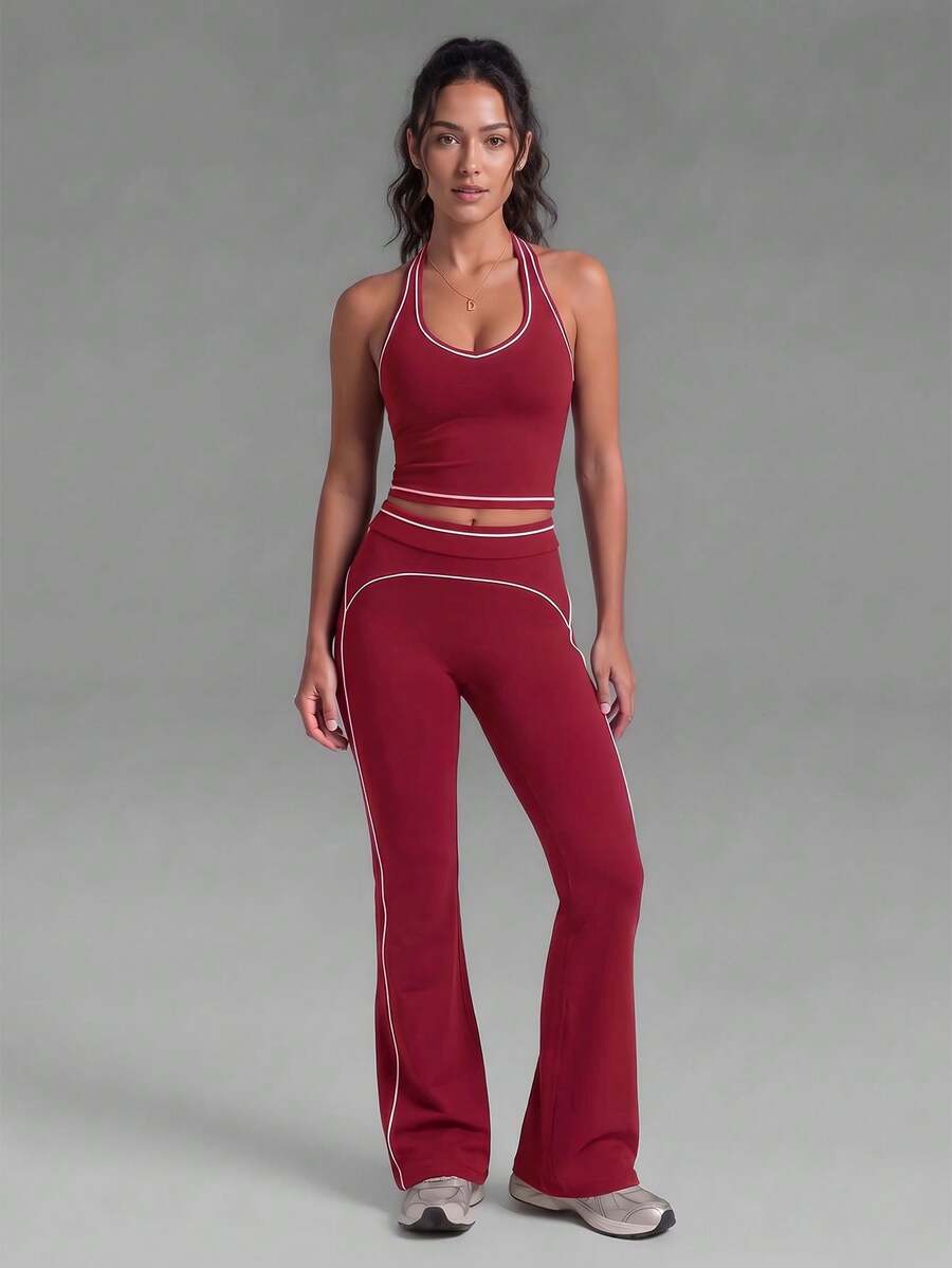 Women's Casual Contrast Racerback Sport 2 Pieces Set,Sleeveless Tank Skinny Tops,High Waist Activewear Flare Pants,For Yoga,Gym,Thanksgiving,Christmas - Burgundy - View 1