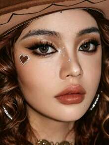 1pc Autumn Denim Style Brown Khaki Heart Candy Bow Sticker Face Patch, Suitable For Autumn Party Dress-Up DIY Decor, Also Applicable For Christmas, Electronic Music Festival, Concert - Multicolor - View 3