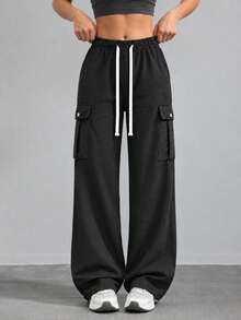 Black Wide Leg Cargo Pants For Women With Elastic Drawstring Waist Flap Pockets Relaxed Loose Fit Trousers For Daily Wear - Black - View 6