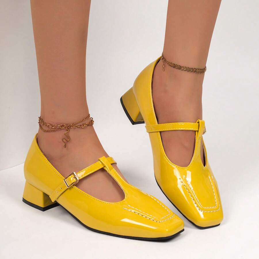 Women's Square Toe Patent Leather Mary Jane Shoes With Buckle T-Strap And Chunky Heel, Low Vamp Versatile Daily Commute Shoes - Yellow - View 1
