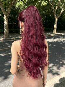 HEYPINK Burgundy Long Wavy Heat-Resistant Synthetic Fiber Claw Clip Drawstring Ponytail Hair Extension For Women Daily Use, Halloween - Burgundy - View 3