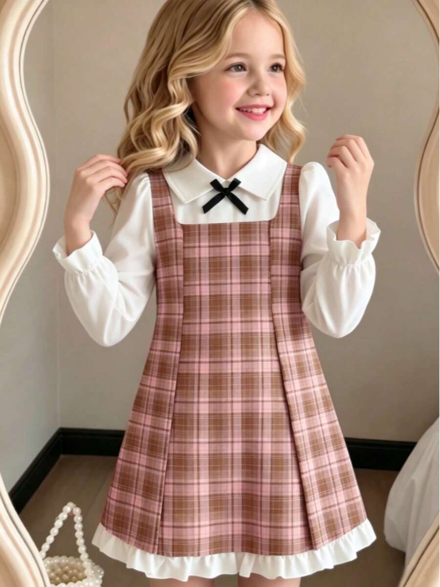 Gaun Anak Perempuan Motif Kotak-kotak Merah Muda & Cokelat 2 in 1, Gaun Gaya Preppy dengan Kerah dan Pita Hitam