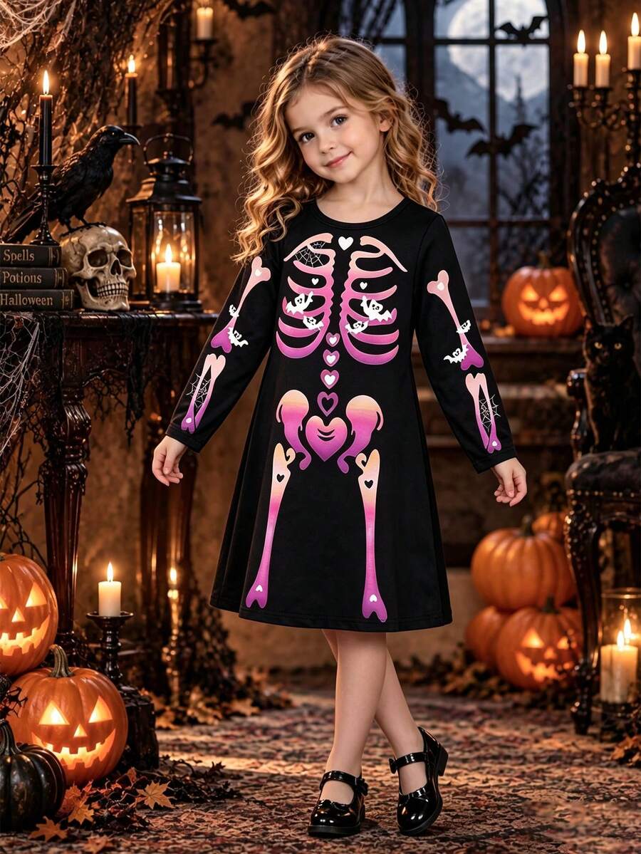 1pc Girls Toddler Casual Halloween Dress, Pink Purple Skull Little Ghost Heart Bat Spider Web Print, Soft Comfortable Knit Fabric, Suitable For Outdoor Wear, Autumn/Winter - Black - View 1