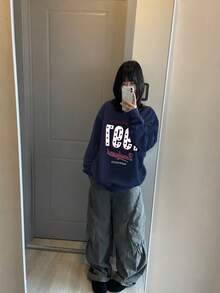 女款極簡字母印花寬鬆長袖圓領衛衣，街頭風上衣，秋冬款 - 藏青色 - 查看 3