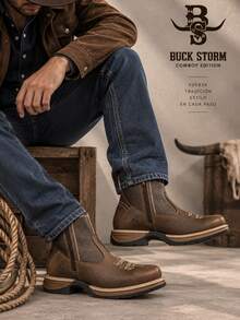 Men High-Top Leather Riding Boots - Coffee Brown - View 1