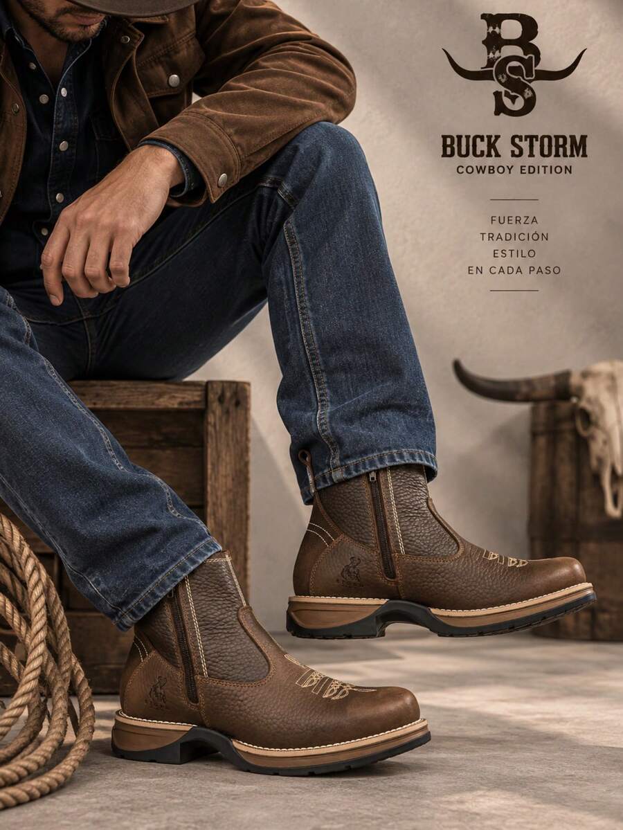 Men High-Top Leather Riding Boots - Coffee Brown - View 1