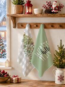 MEMNUN 2pcs Green Plaid Christmas Tree Pattern Printed Kitchen Towels, Soft Polyester Dish Cloths, Suitable For Kitchen Decor, Kitchen Cleaning, Holiday Party Decoration, Kitchen Bathroom Supplies Home Essentials, Home Decor, Housewarming Gift - Multicolor - View 2