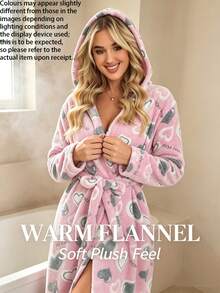 1pc Women's Plush Heart Embroidered Robe, Soft And Comfortable Autumn/Winter Loungewear, Cream Color Fluffy Bathrobe, Women's Fluffy Fleece Long Robe - Grey Hoodie - View 21