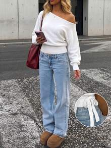 Women's Solid Color Knit Shoulder Long Sleeve Sweater, Elegant Casual Top For Autumn Winter Daily Dating & Vacation - White - View 1