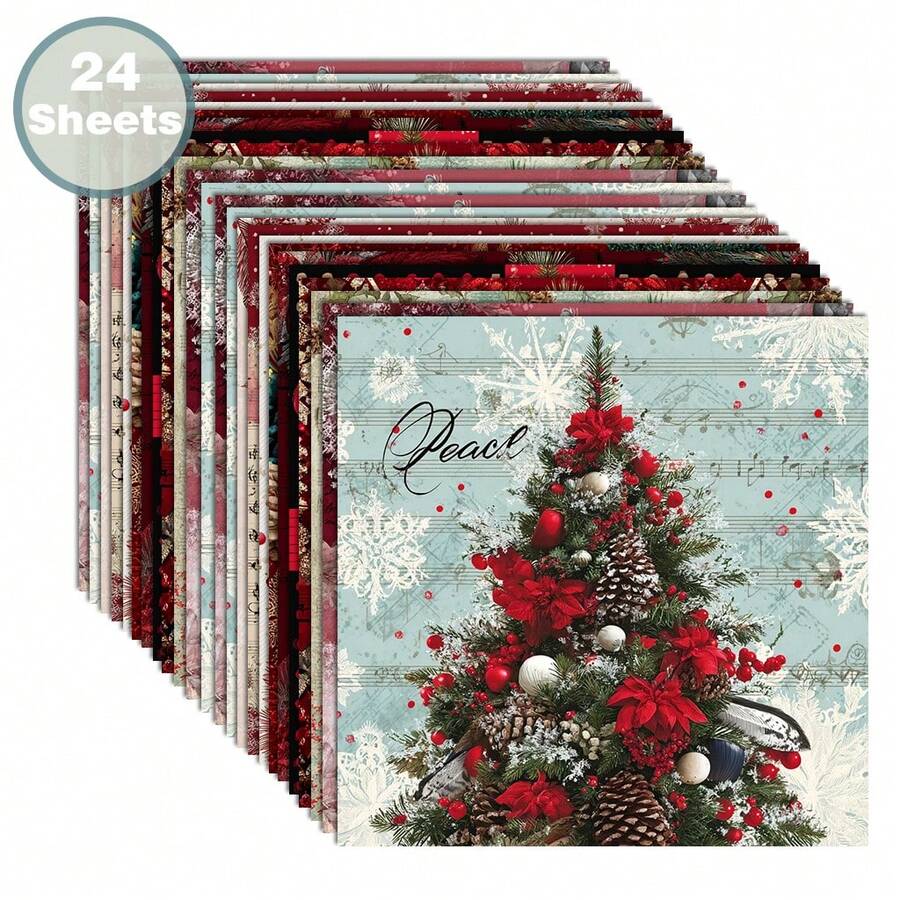 24 tờ giấy scrapbook 6*6 inch họa tiết cây thông Noel, quả thông, lông vũ và chấm đỏ trừu tượng, phù hợp làm collage, origami, dự án thủ công, giấy trang trí DIY, scrapbook handmade, bullet journal, thiệp chúc mừng và gói quà - Hình vuông - Xem 1