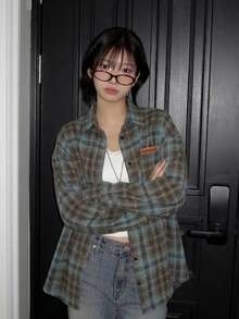 American Vintage Colorblock Plaid Shirt Women Spring Autumn Loose Casual Style Versatile Couple Jacket - Dusty Blue - View 5