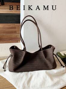 Women's Faux Leather Woven Tote Handbag, Drawstring Ruched Large Capacity Daily Shoulder Bag, Commute Casual Versatile Women's Bag, Without Pendant - Coffee - View 1