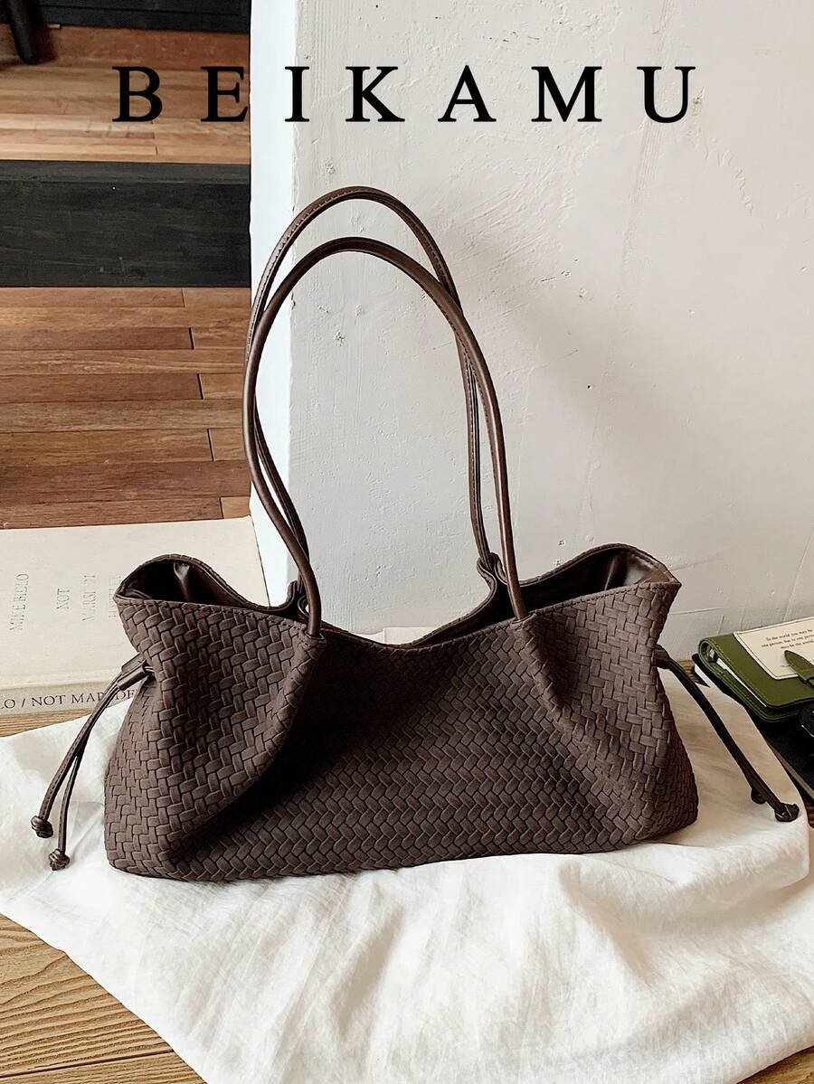 Women's Faux Leather Woven Tote Handbag, Drawstring Ruched Large Capacity Daily Shoulder Bag, Commute Casual Versatile Women's Bag, Without Pendant - Coffee - View 1
