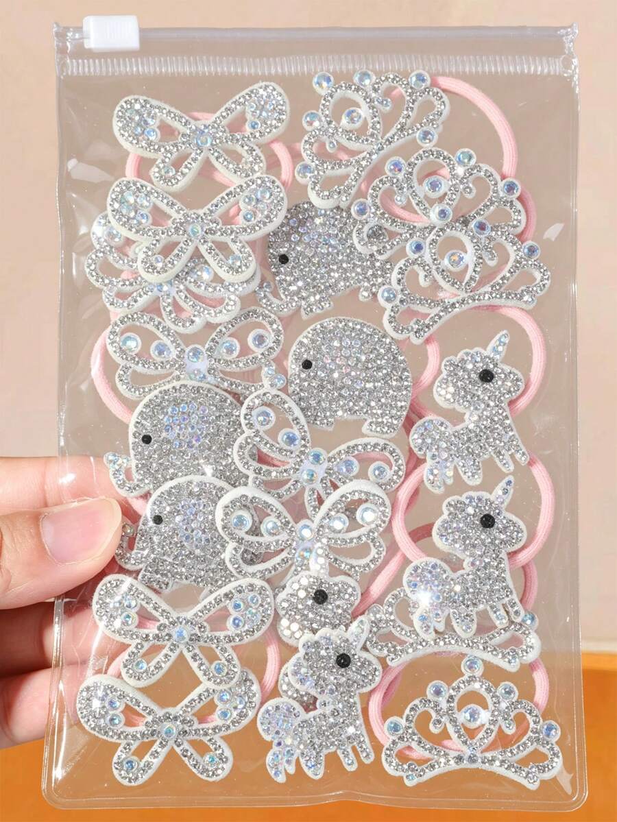 10pcs High Elasticity Durable Hair Ties Rubber Bands Pink Hair Scrunchies With AB Rhinestone Decorated Deer Crown Butterfly Elephant Fashion Hair Ropes Cute Hair Accessories For Daily Use - Pink - View 1