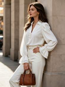DONICY Women's White Collared Puff Sleeve Pleated Ruffle Cuff Blouse, Casual & Office Wear - White - View 7