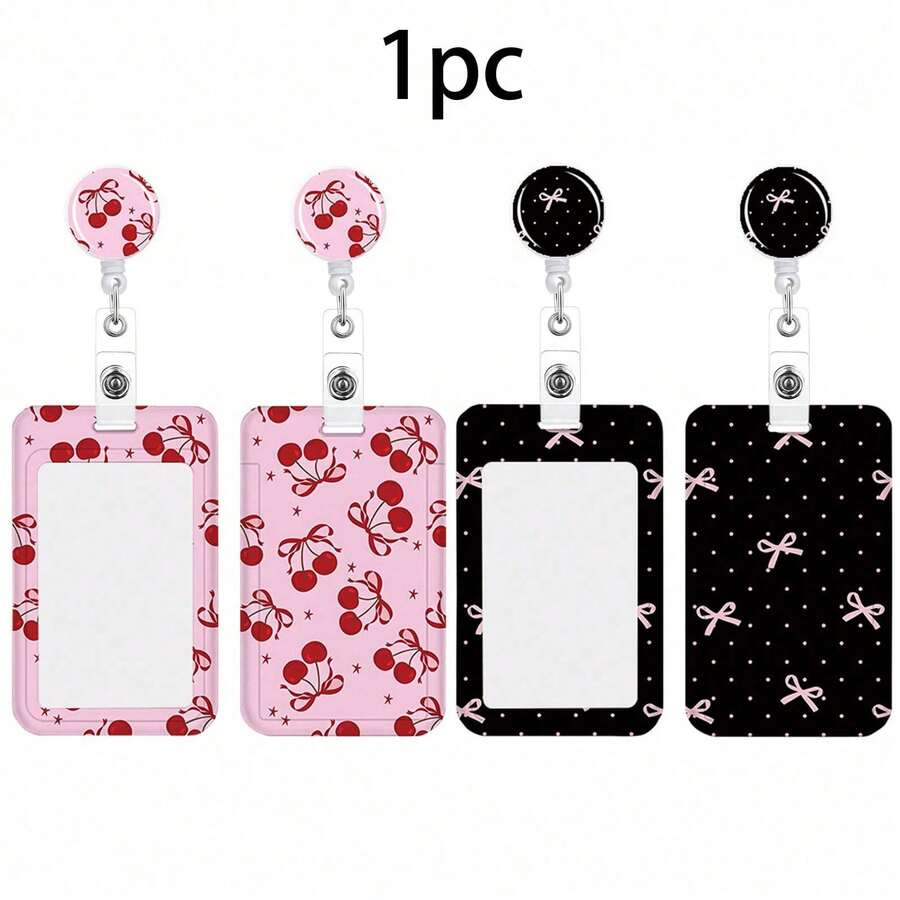 1pc Polka Dot Bow Cherry Sliding Card Holder, Fresh Style Badge Holder, ID Card Protector - Multicolor - View 1