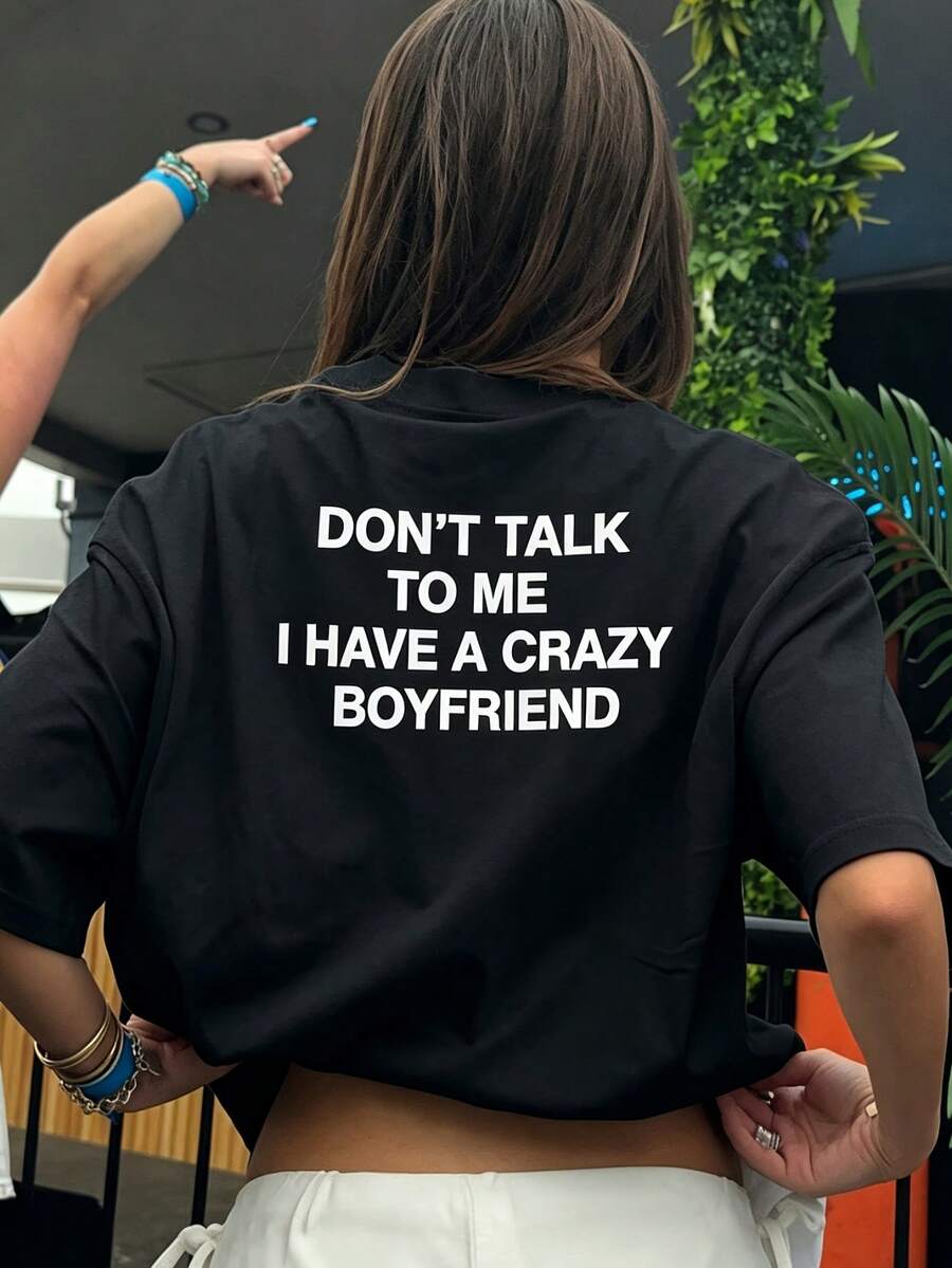 Plus Size Women's Casual Graphic Tee Letter Print Daily Tops Crew Neck Short Sleeves Funny Slogan Tees - Black - View 1