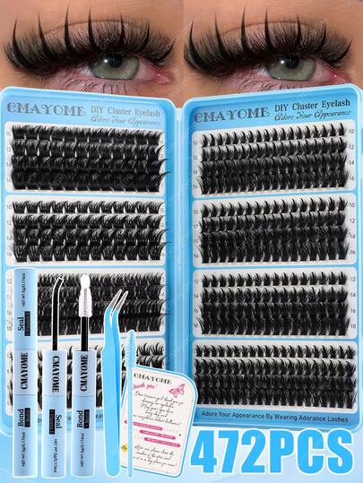 Kit DIY de Extensiones de Pestañas en Racimo, Estilos Mixtos Puntiagudos & Ojo de Gato, Longitud Personalizable de 10-18mm, Look Dramático 3D Voluminoso y Esponjoso, Efecto Manga de Cola Alargada, Fácil de Aplicar en Casa para Principiantes, Incluye Pegamento para Pestañas, Pinzas & Pincel de Punta Única