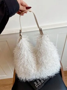 蓬鬆長毛 3D 裝飾肩背包，大容量可收納個人物品，磁吸開合，韓系溫柔風托特肩背包，適合年輕女性外出、約會與拍照使用 - 白色 - 查看 6