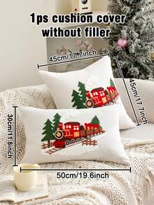 Farmhouse Style Winter Snowy Train & Pine Tree Embroidered Pillowcase, Linen Blend Decorative Cushion Cover, Suitable For Living Room Christmas Holiday Party Decor, Pillow Insert Not Included - Multicolor - View 3