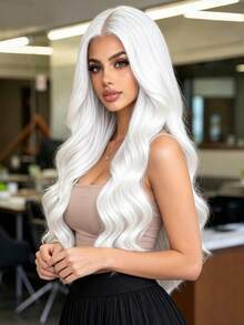 24 Inch White Middle Part Curly Wig, Heat-Resistant Synthetic Fiber, Comfortable And Breathable, Fashionable Elegant Voluminous Natural Style, Suitable For All Women, Comfortable For Daily Wear, Eye-Catching For Parties And Gatherings, Halloween Costume Essential, Soft And Easy To Style, Create Versatile Looks - White - View 6