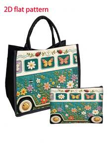 Vintage Floral Bus Pattern Tote Bag With Makeup Bag, Large Capacity Shopping Shoulder Handbag, Flat Print Storage Bag, Suitable For Travel, Commuting, Gifting - Multicolor - View 17