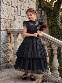 Tween Girl / Tween Girl Black Dress, Lapel Collar, Short Flutter Sleeves, Mesh Patchwork, Multi-Layer Tiered Long Skirt, Children's Black Formal Dress - Black - View 7
