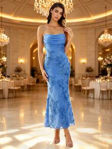 2026 New Women's French Style Spaghetti Strap Backless Tie-Back 3D Floral Evening Dress - Blue - View 2