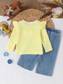 2pcs Baby Girl Casual Sweet Cool Striped Flutter Sleeve Knit Top & Embroidered Denim Jeans Set, Thin Spring/Autumn - Yellow - View 2