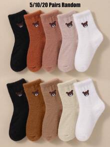20/10/5 Pairs Children's Short Socks, Bear Pattern, Terry Socks, Brown Tone, Children's Autumn Socks, Warm Mid-Calf Socks, Girls Halloween Costume - Multicolor - View 2
