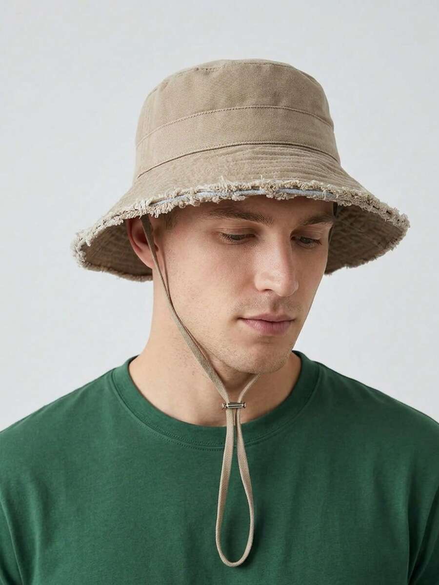 1pc Men's Street Fashion Drawstring Brim Bucket Hat, Adjustable Chin Strap Design, Frayed Distressed Edge Treatment, Soft Fabric, Sun Protection & Windproof, Versatile Style, Suitable For Travel, Beach, Daily Casual Wear - Anti-aging A-type - View 1