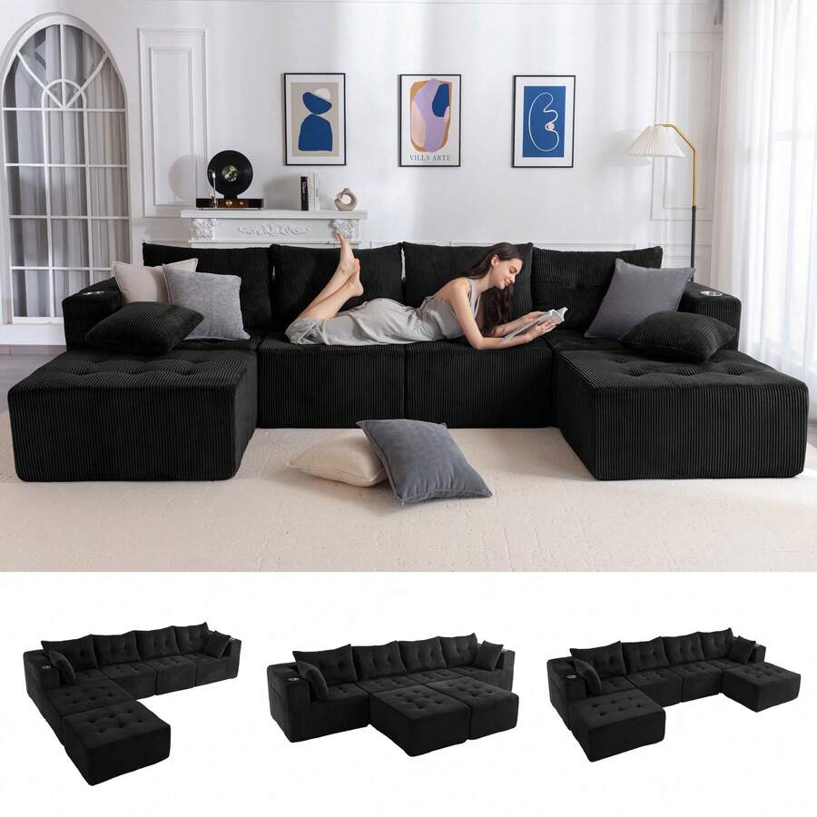 Sofá modular Cloud, sofá moderno y cómodo de pana para la sala de estar, sillón reclinable con reposapiés, sofá en caja, no requiere montaje. - Negro - Ver 1