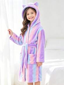 Tween Girls Ombre Striped 3D Ear Hooded Plush Bathrobe Loungewear, Autumn/Winter - Multicolor - View 4